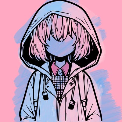 little anime girl in a raincoat her hair is covering her eyes she has a lighter