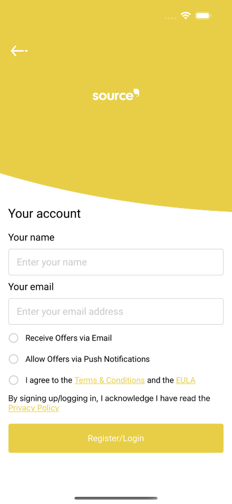 UoB Source Catering App - Registration screen of the UoB Source Catering App featuring fields for name, email, and notification preferences