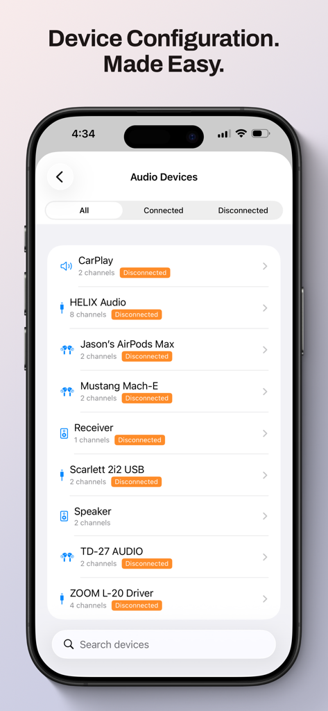 Multitrack Audio Player - Pantalla de configuración de dispositivos de audio en la aplicación Reproductor de Audio Multitrack que muestra varias interfaces de hardware conectadas y desconectadas.