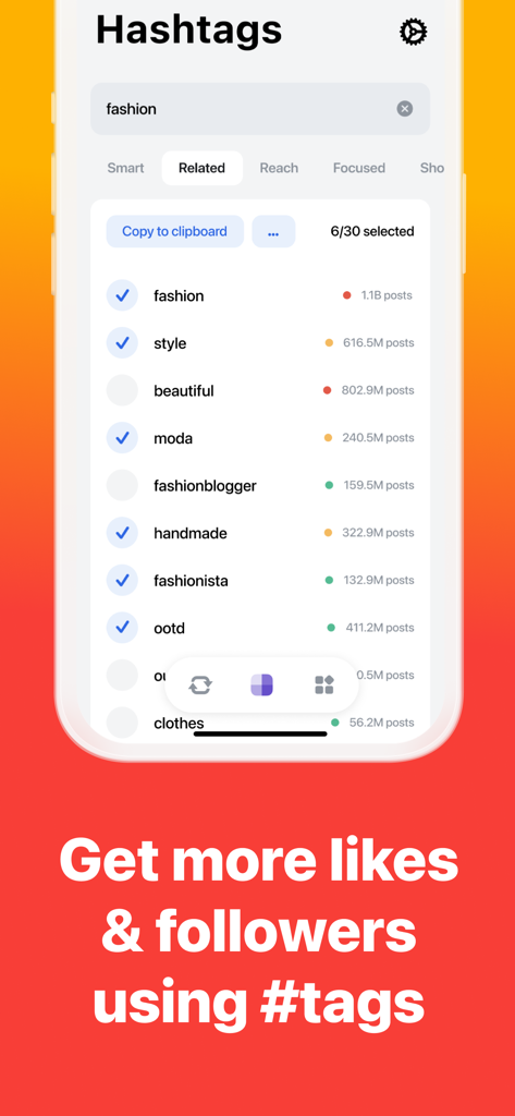 Repost Posts Videos: RepostMax - Interface of the RepostMax app hashtag generator showing popular fashion hashtags and post counts to increase engagement.