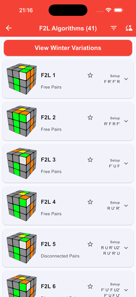 CFOPTrainer app display of F2L algorithms for speedcubing with 3D cube visualizations