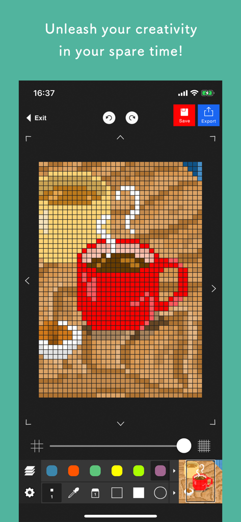 Pixel art editor - Dottable - - Interface d'application Dottable affichant un dessin pixel art d'une tasse à café rouge