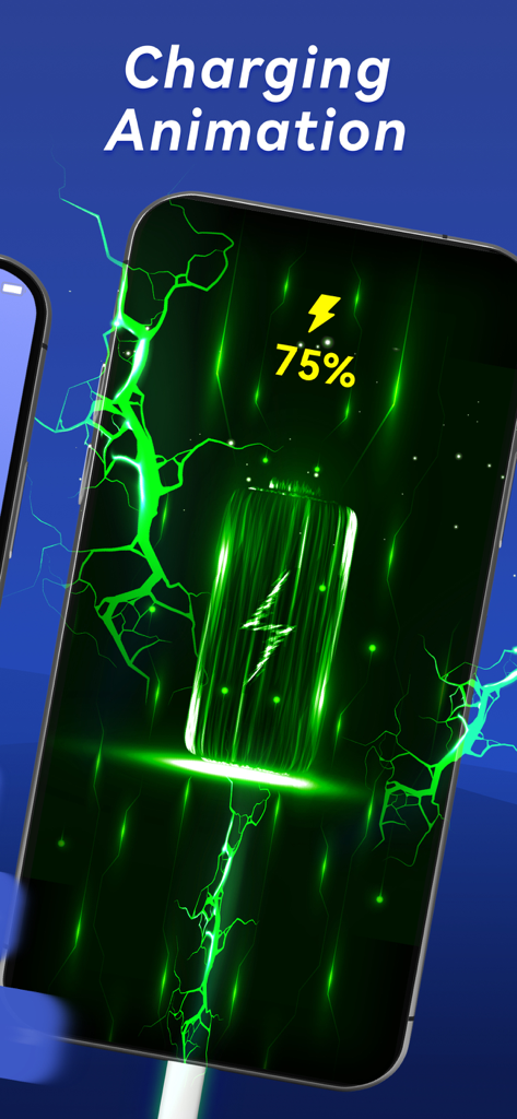 Instant Cleaner -Clean Storage - A smartphone displaying a vibrant green lightning charging animation with a 75 percent battery indicator