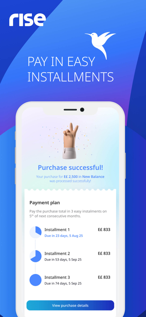 Rise Egypt - Rise Egypt mobile app interface displaying a successful purchase summary and a flexible payment schedule split into three installments