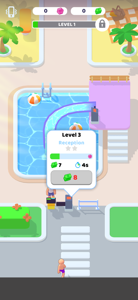 My Aquapark: Idle Water Empire - Gameplay screenshot of My Aquapark showing a swimming pool and the reception level 3 upgrade menu