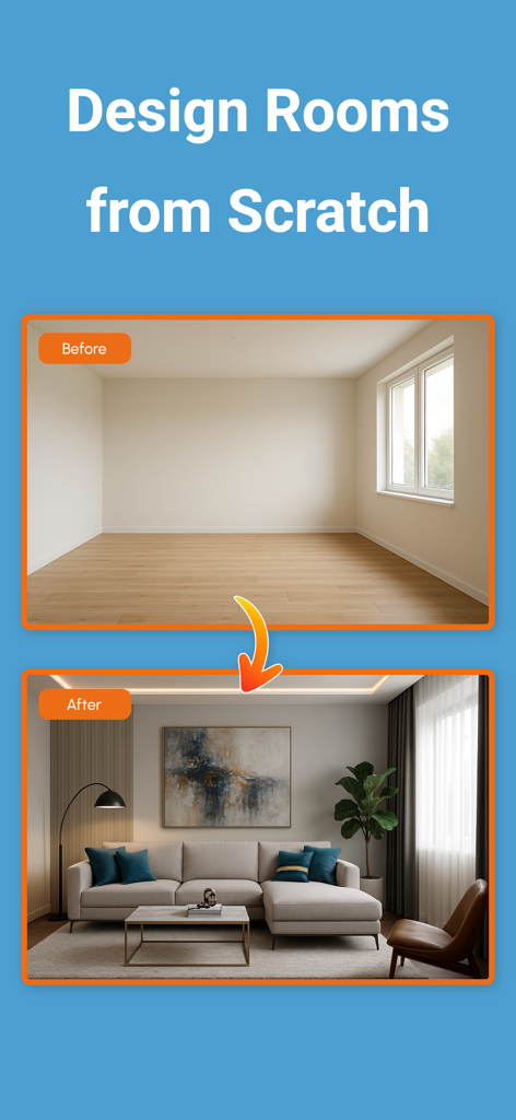 Home AI: Home Design & Garden - Before and after comparison of an empty room transformed into a modern furnished living room using AI design tools