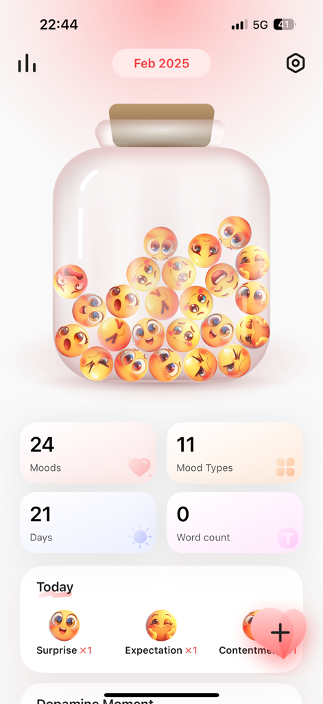 Main dashboard of the Mood Jar app displaying a glass jar filled with cute mood emoticons and tracking statistics