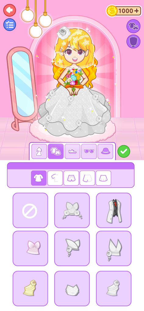 An anime girl character wearing a white wedding dress and veil in a fashion dress up game interface