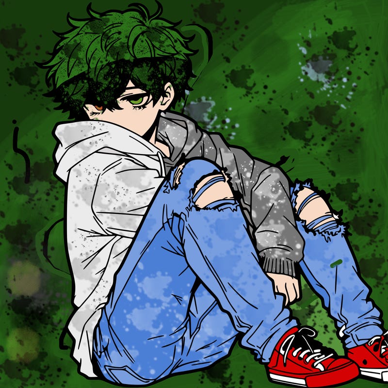 a male hoddie ripped jeans messy hair anime