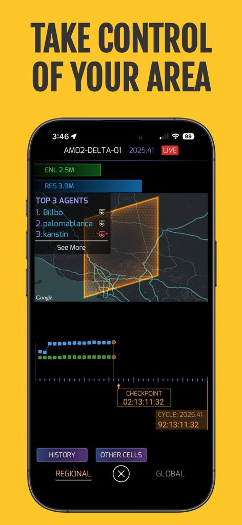 Ingress - Ingress-App-Oberfläche, die regionale Kartendaten und Ranglisten für Fraktionspunktzahlen zeigt