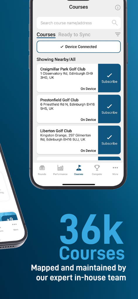 Shot Scope - Shot Scope app interface showing nearby golf courses and a database of 36000 mapped courses