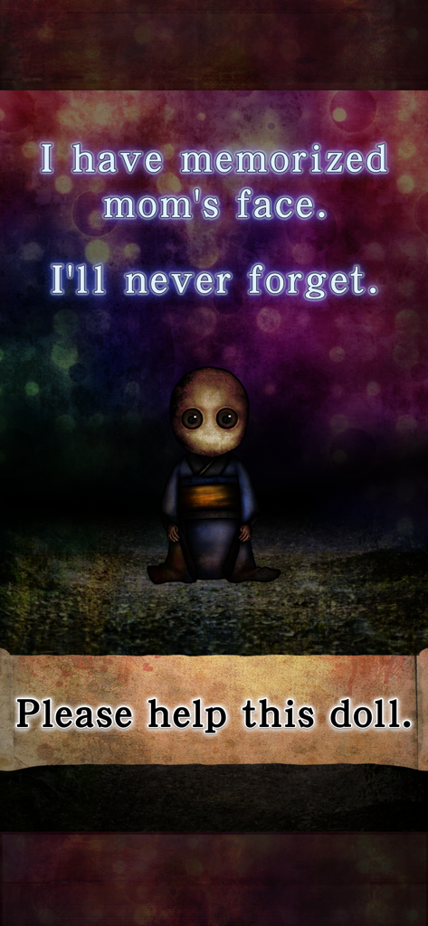 Creepy Japanese doll sitting in a dark room with eerie text asking for help