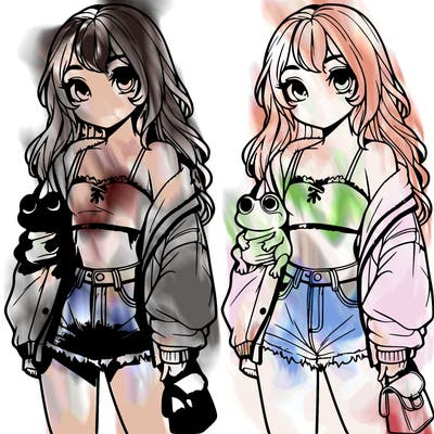 a cottage girl in a crop top in a baggy jacket and jean shorts holding a frog