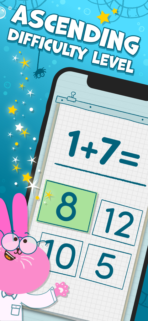 Multiplication facts Kids game - Kids math game interface with an addition question and cartoon character