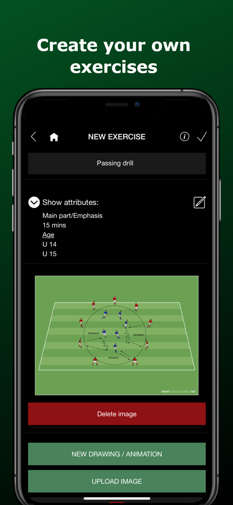 Interface móvel mostrando como criar um exercício de passe de futebol personalizado com diagramas táticos