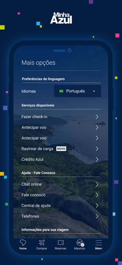 Minha Azul - The more options screen of the Minha Azul mobile app showing flight services and help categories
