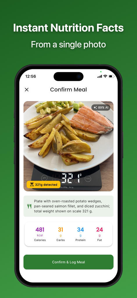 Interface of AI Food Coach showing a meal of salmon and potatoes on a scale with AI-detected weight and nutrition facts