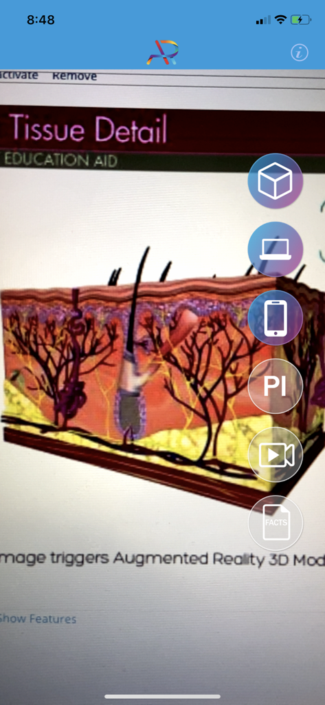 AR Educate - AR Educate app interface showing a 3D medical model of skin tissue detail using augmented reality