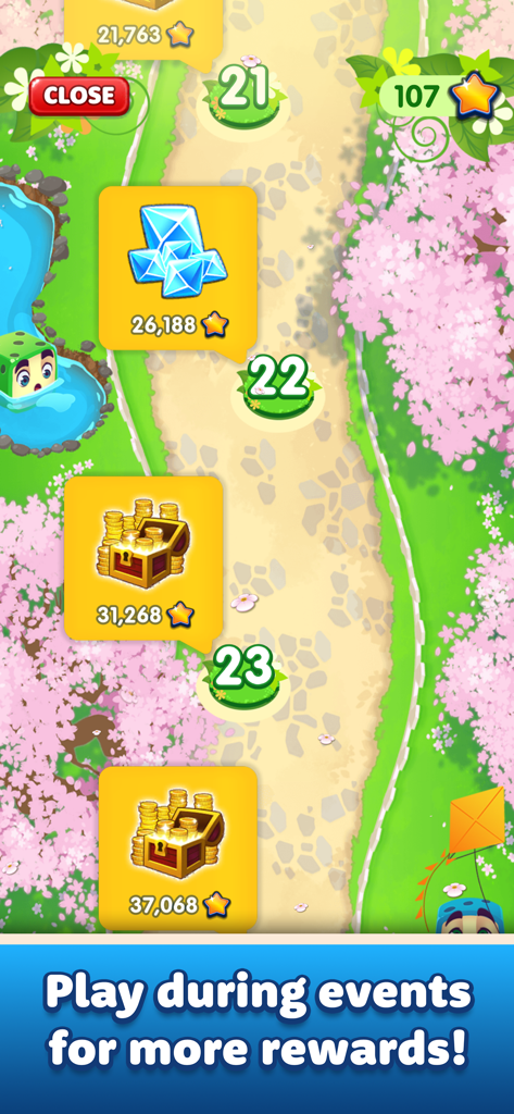 Royaldice: Dice with Everyone - Royaldice mobile game event path showing level rewards and cherry blossom scenery