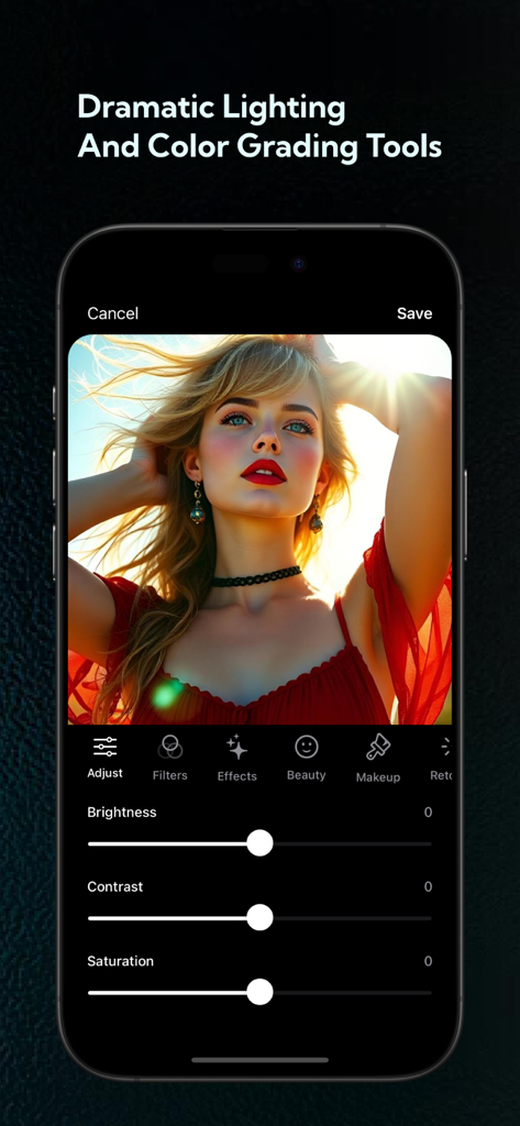 AI Photos Editor+ - A portrait being edited with lighting and color grading tools in the AI Photos Editor app.