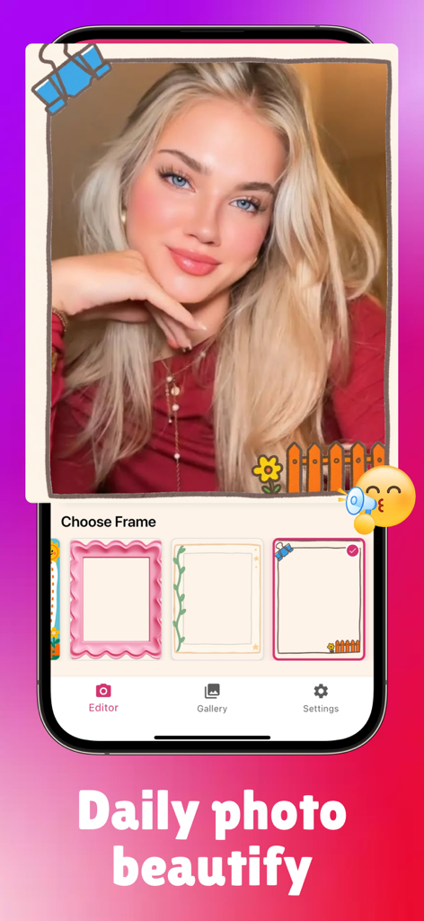 Mobile screen of Vieno app displaying a photo editor with aesthetic frames and cute decorations