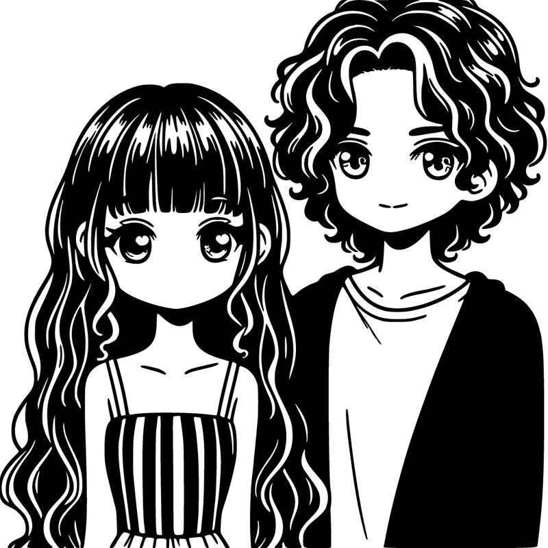 girl with longer than shoulder length black hair with curtain bangs with her boyfriend who has long curly hair and blue eyes