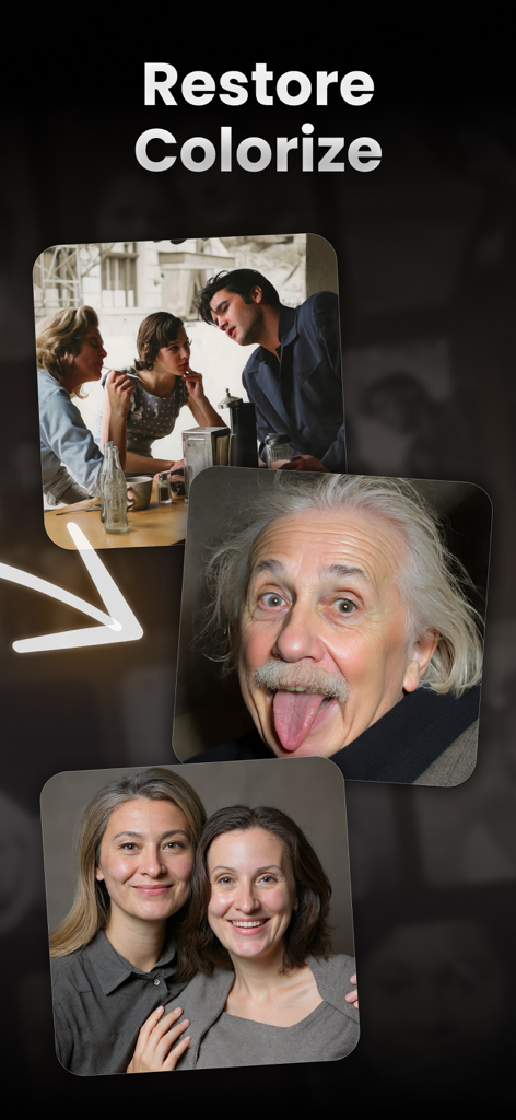 AI Photo Fix Restore: Restorix - Screenshot of Restorix app showing restored and colorized vintage photos and portraits including Albert Einstein