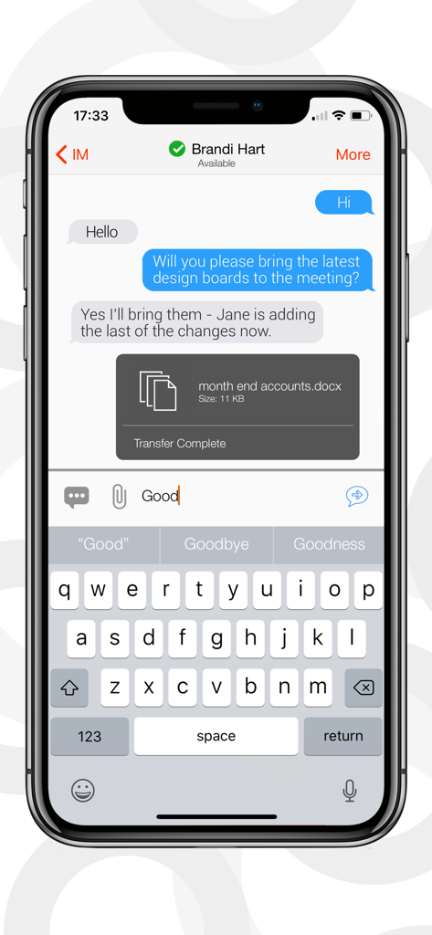 Bria Enterprise mobile app chat interface with document sharing and professional messaging