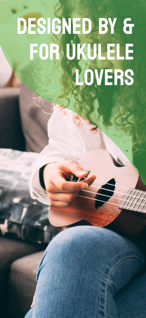 Ukulele Tuner - Simple Tuner - Personne jouant du ukulélé avec un texte indiquant qu'il est conçu pour les amateurs de ukulélé