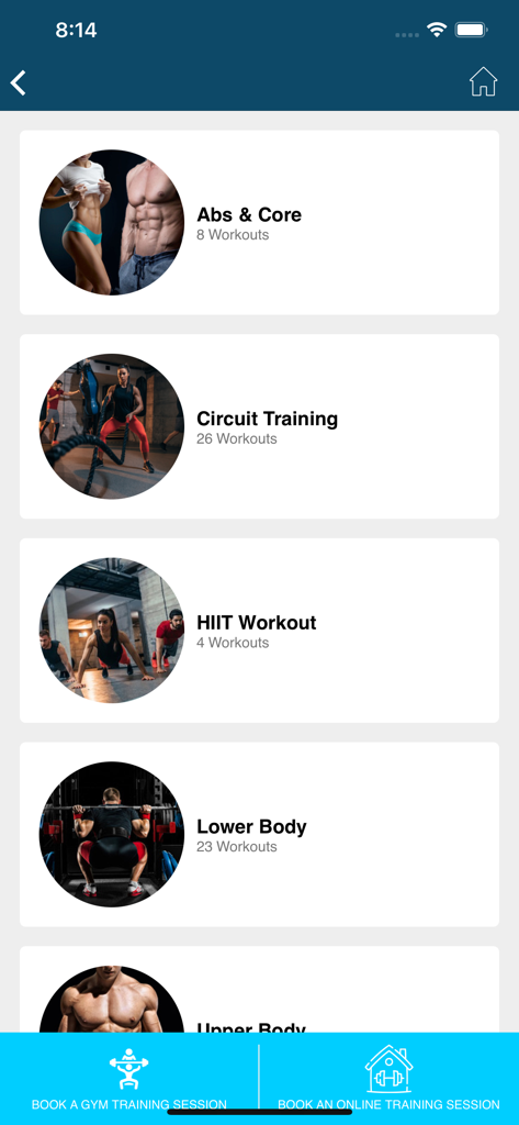NeoFit - NeoFit mobile app interface showing workout categories such as Abs and Core, Circuit Training, HIIT, and Lower Body.