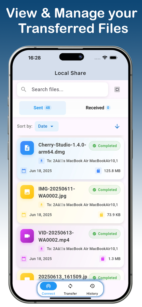 LocalShare:FileShare AnyDevice - La aplicación LocalShare mostrando una lista de transferencias de archivos completadas, incluyendo imágenes de software y videos enviados a un MacBook Air