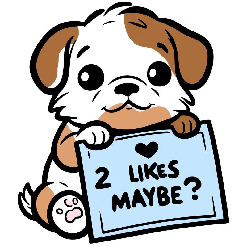 a puppy holding a sign that says 2 likes maybe?