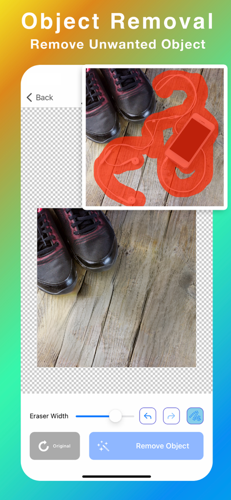Background Eraser: Bg Remover+ - Interface showing the object removal feature of the Background Eraser app to delete unwanted items from a picture