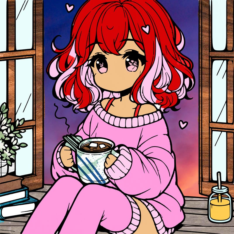 cute anime girl reading book and drinking hot chocolate from mug with loose wavy hair wearing a baggy sweatshirt and shorts sitting by windowsill looking out