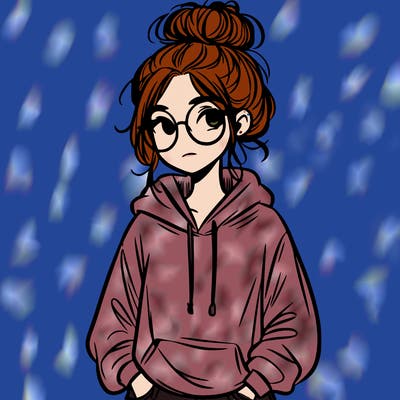 teen girl with a messy bun and glasses wearing a loose hoodie and jeans