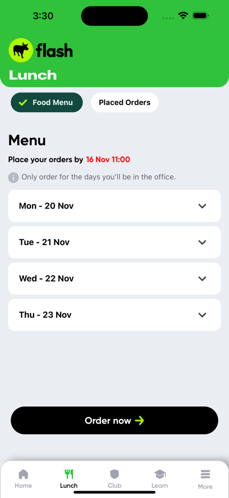 Flash Life - Interfaz de la aplicación Flash Life que muestra el menú de almuerzo semanal y las opciones de pedido de comida para los empleados.