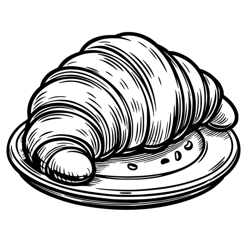 an outline of a croissant on a plate, white background, clean outline,  no shadow clear and well defined, sketch style.