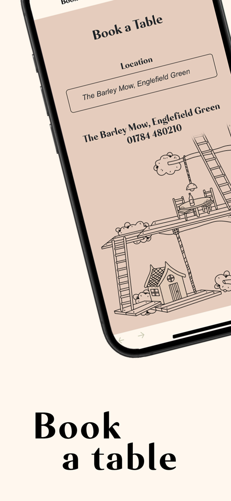 Heartwood Inns app interface showing the Book a Table feature for The Barley Mow pub