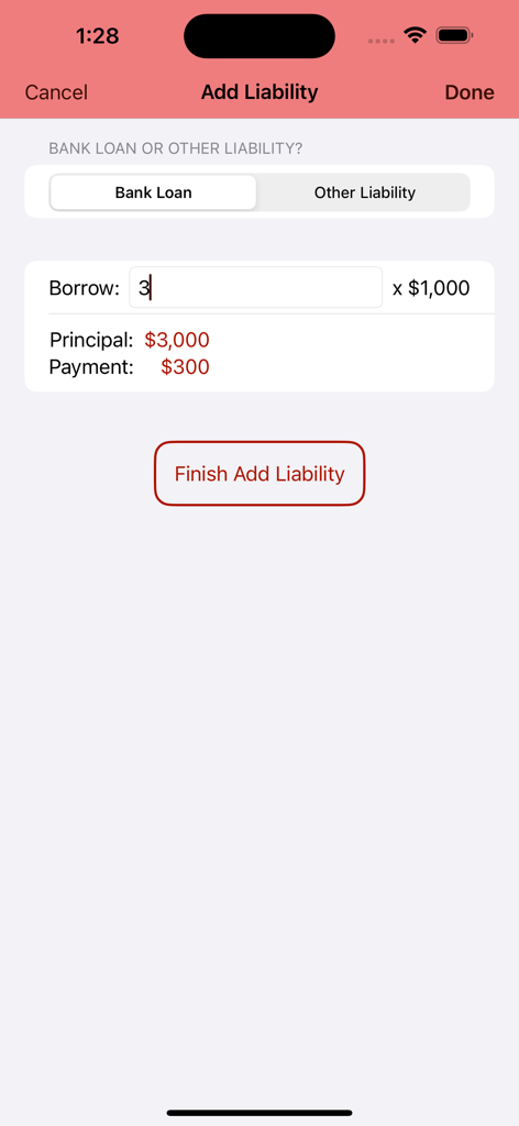 Cashflow Balance Sheet - Adding a bank loan liability screen in the Cashflow app showing a three thousand dollar loan calculation