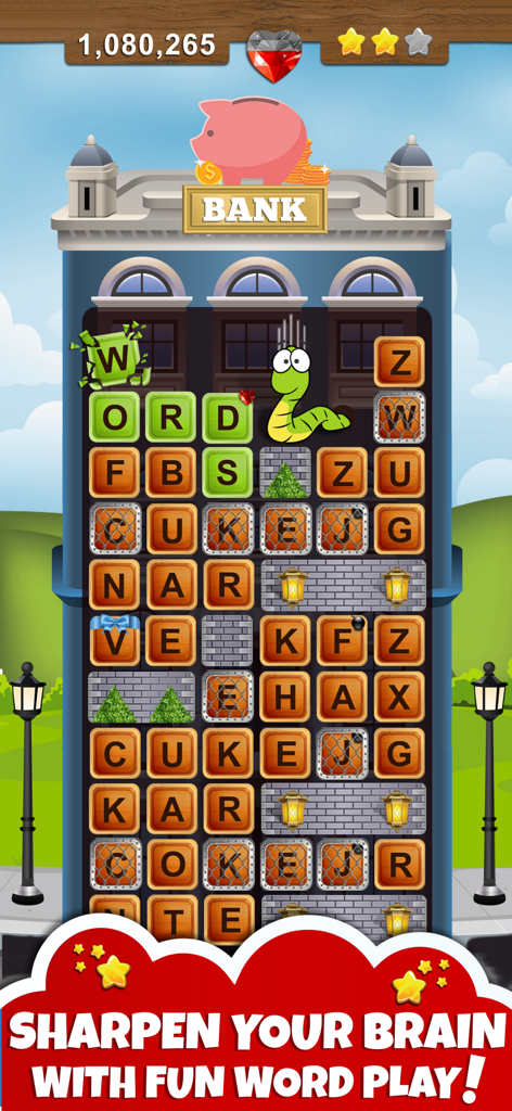 Gameplay of Word Wow Big City showing a cute worm character on a vertical word puzzle building