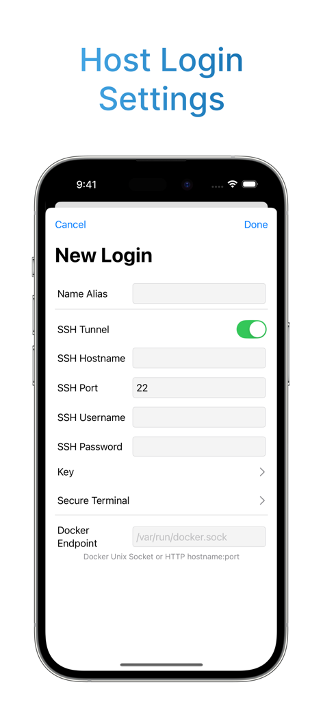 Pantalla de configuración de inicio de sesión del host en Container Express para configurar el túnel SSH y los detalles del punto final de Docker