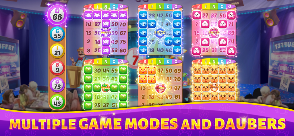 Bingo Rush - Club Bingo Games - A screenshot of Bingo Rush gameplay showing six different colorful bingo cards with various animal-themed daubers