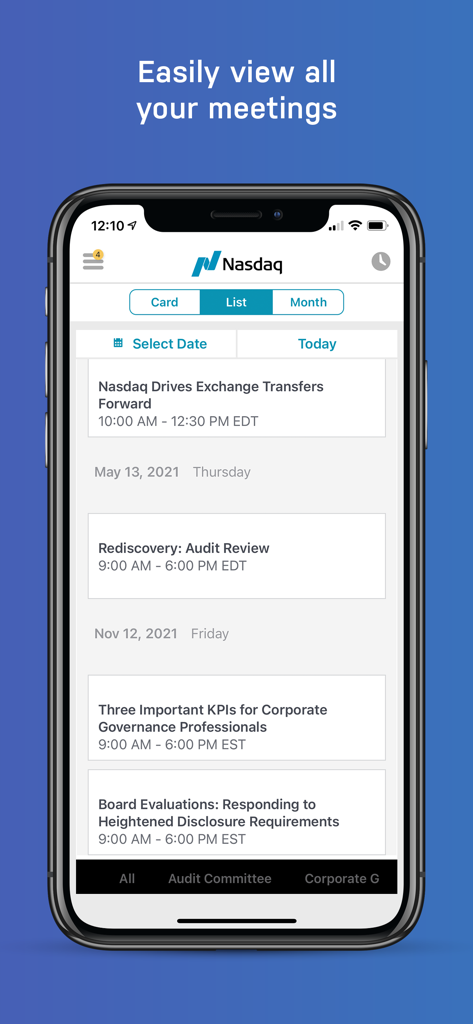 Nasdaq Boardvantage - Smartphone screen displaying the Nasdaq Boardvantage app with a list of scheduled executive meetings.