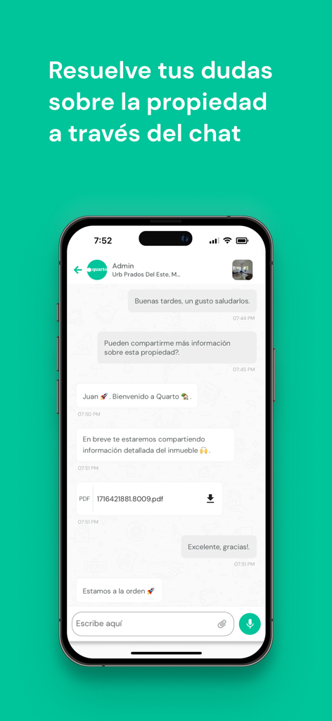 Quarto - Pantalla de chat en la app Quarto para consultar sobre listados de bienes raíces venezolanos.
