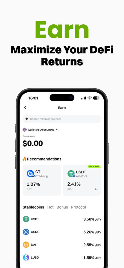Gate DEX: Your Gateway to Web3 - Gate DEX mobile app interface displaying DeFi earn options and APY rates for stablecoins.