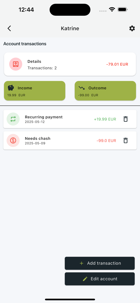 Pocket Money Manager - A child's allowance transaction history screen showing balance and payment details.