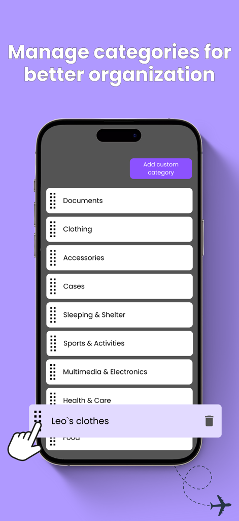 Packing List & Planner: Packup - iPhone screen displaying customizable packing categories like Documents, Clothing, and Multimedia in the Packup app