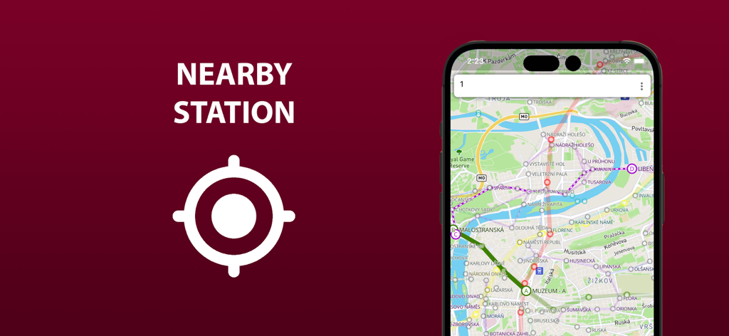 Écran de smartphone affichant la carte des transports en commun de Prague avec une fonction de localisation de station à proximité