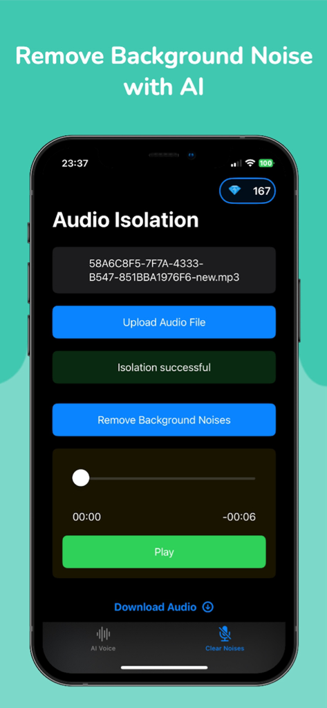 AI Voice & Song Generator - Pantalla de smartphone que muestra la función de eliminación de ruido de fondo y aislamiento de audio con IA.