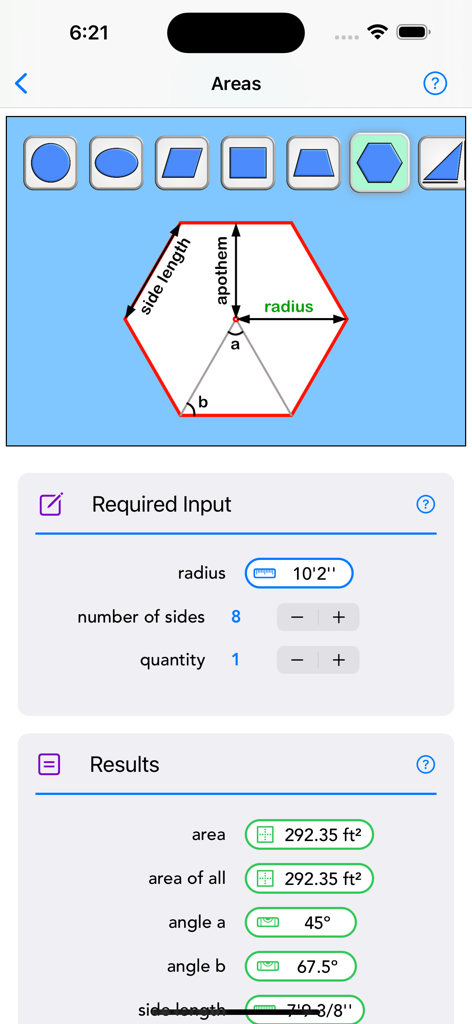 Construction Calc Pro 2 - Interface of the Construction Calc Pro 2 app showing area calculations for a polygon with measurements in feet and inches.